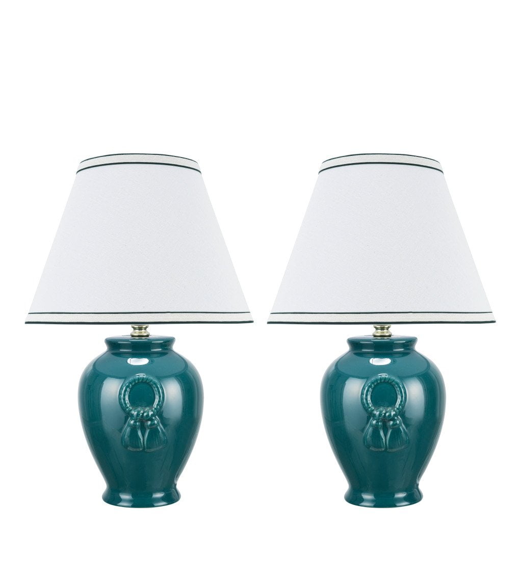 Green Ceramic Table Lamp Set with Off-White Linen Shade