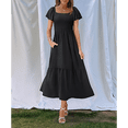thumbnail image 5 of Women Summer Casual Square Neck Flutter Sleeve Boho Smocked A-Line Flowy Tiered Modest Midi Sun Dress with Pockets Black S, 5 of 7
