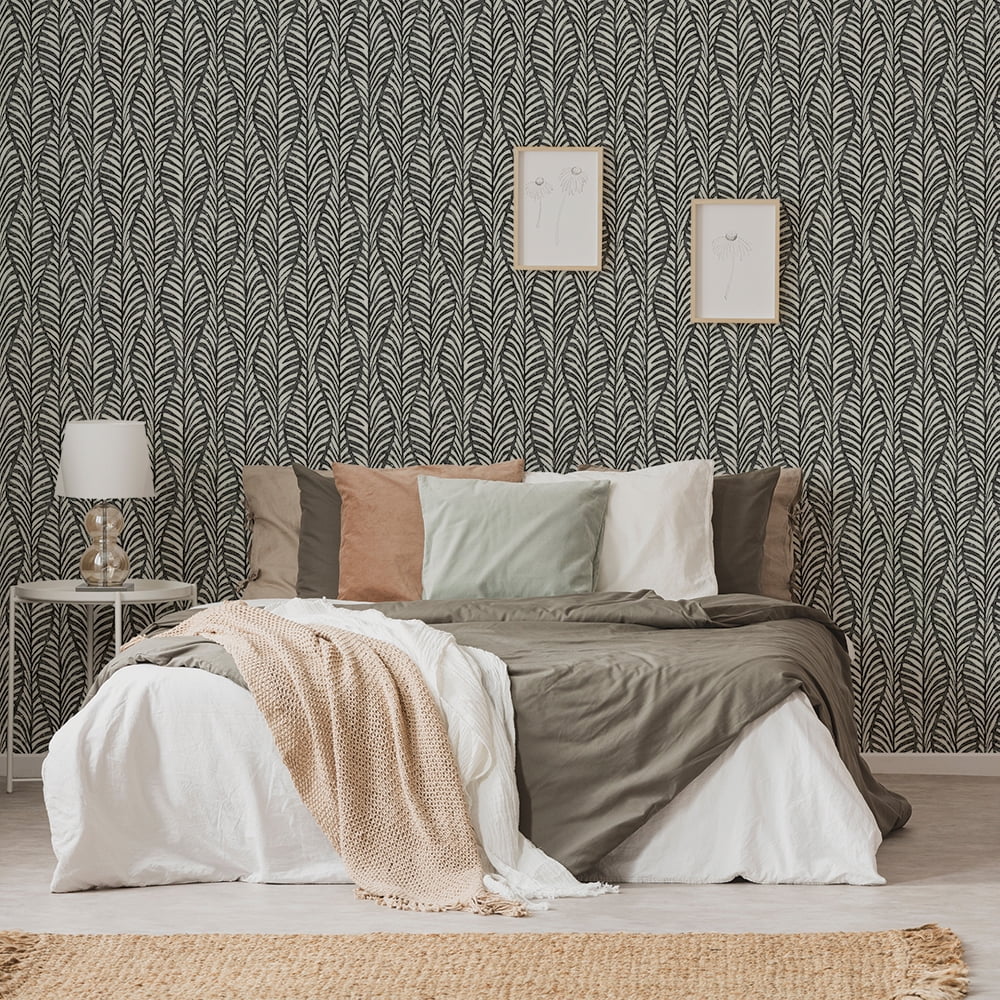 Tempaper Block Print Leaves Black Peel and Stick Wallpaper, 20.5" x 16.5'
