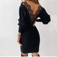 thumbnail image 6 of Tnhcen Women Dresses Ladies's Solid Lace DressV-Neck Backless Long-Sleeved Mini Dress Party Elegant Dress Black, 6 of 7