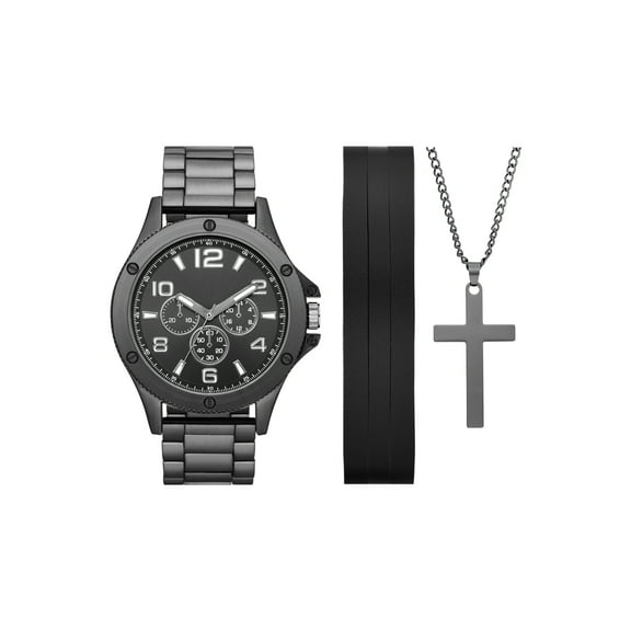 Folio Men's Gift Set; Gunmetal Tone Bracelet Watch, Gunmetal Sunray Dial with Faux Leather Multi strand Bracelet and Gunmetal Tone Cross Pendant (FMDAL1182)