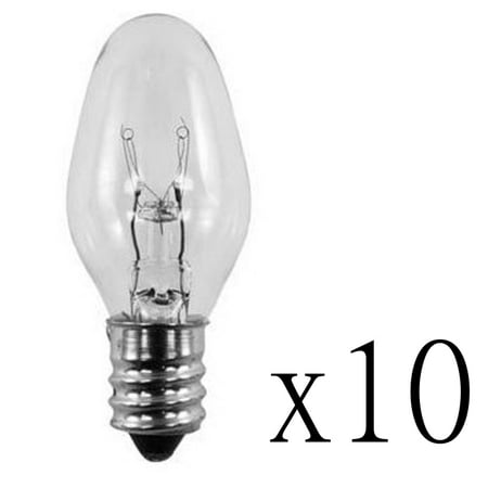 - 15 Watt, C7 Night Light, 120 / 130 Volt, Clear, E12 Candelabra Base 10 Bulbs