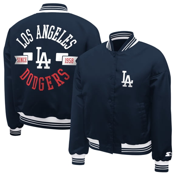 Women's Starter Navy Los Angeles Dodgers Printed Logo Cropped Satin Varsity Full-Snap Jacket