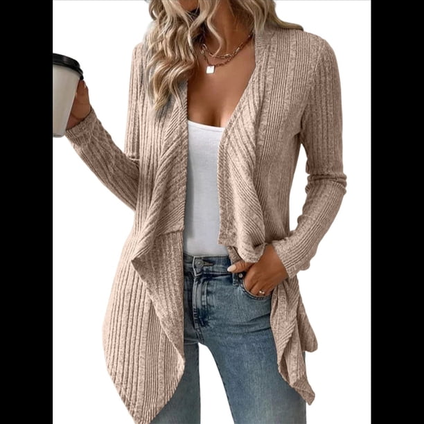Cárdigan Ligero, Drapeado y Abierto para Mujer, Prenda Exterior Informal de Punto de Larga. Caqui L