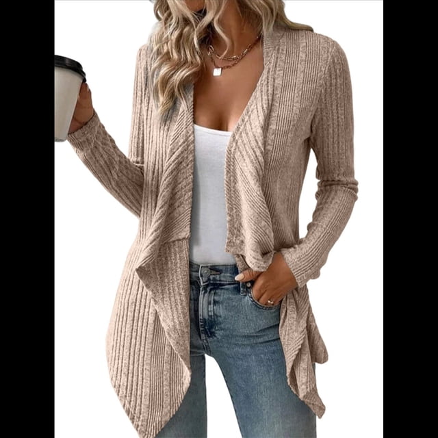 Cárdigan Ligero, Drapeado y Abierto para Mujer, Prenda Exterior Informal de Punto de Larga. Caqui XL