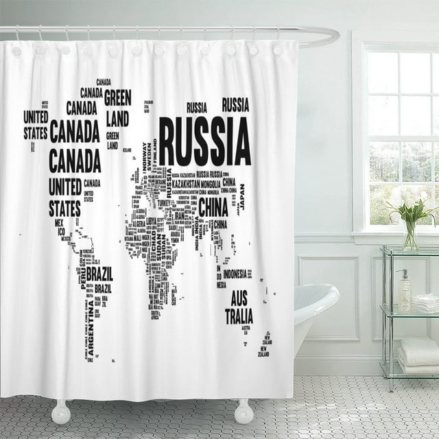 ABPHQTO Mapa del mundo hecho con el nombre de cada país en poliéster negro Cortina de ducha 152x180 cm