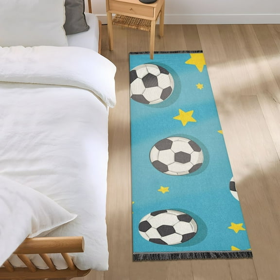 Cartoon Soccers Balls Stars Bedside Runner Rug 2'x 6' Non Slip Carpet Floor Mat Area Rug