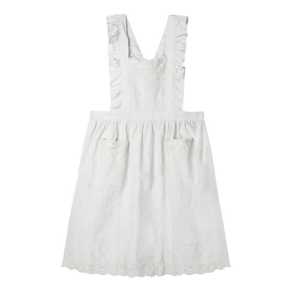COOLHOOD Women Cotton Linen Ruffled Apron Floral Lace Trim Adjustable Pinafore Dress with Pockets for Cooking Baking Gardening
