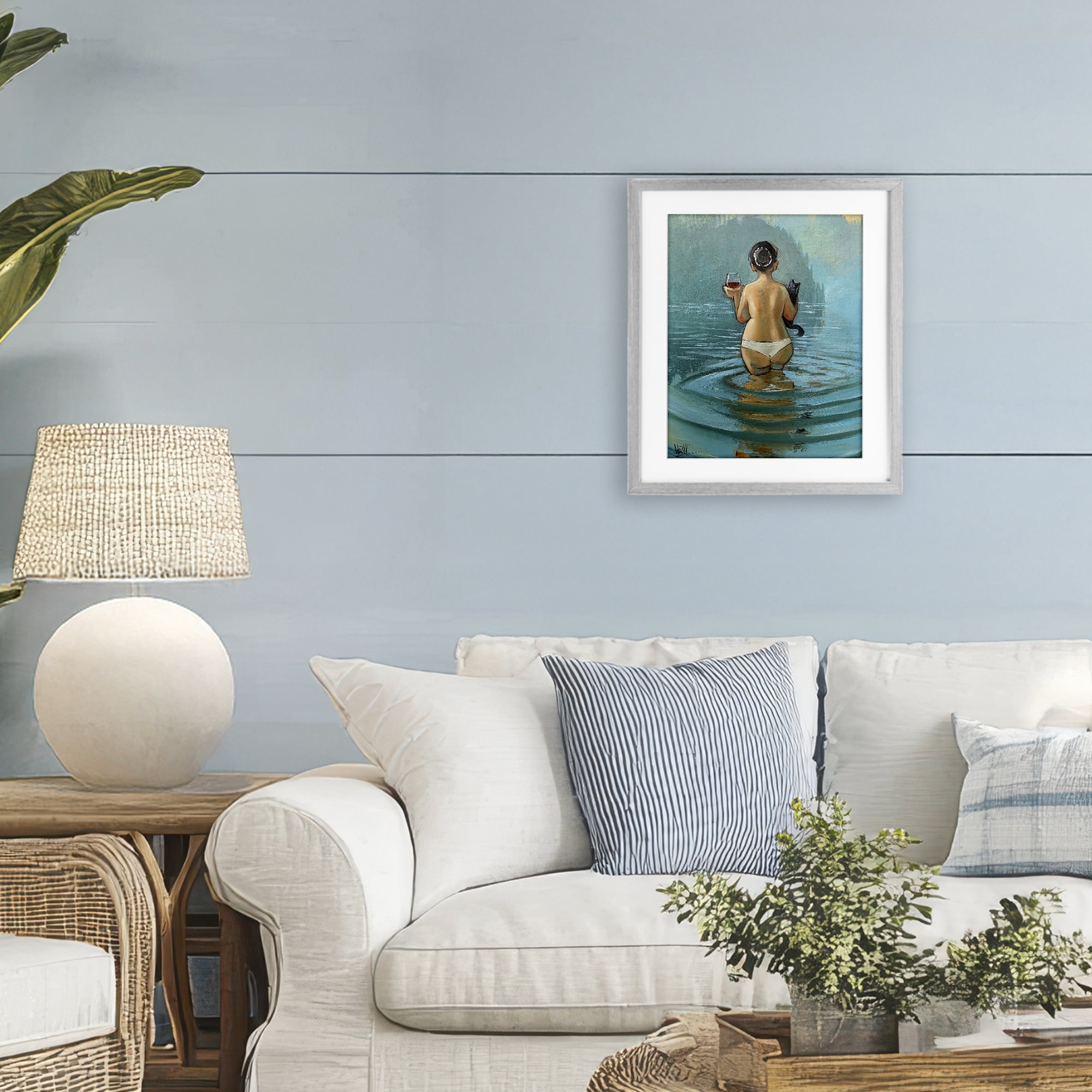 Stupell Industries Cat & Wine Dip At Twilight Gray Framed Print Under Glass, design by Ronald West
