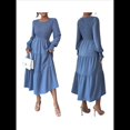 thumbnail image 3 of Vestido de Otoño para Invitada de Boda, con Mangas Largas, Volantes, Cuello Redondo, y Fluido. Azul L, 3 of 7