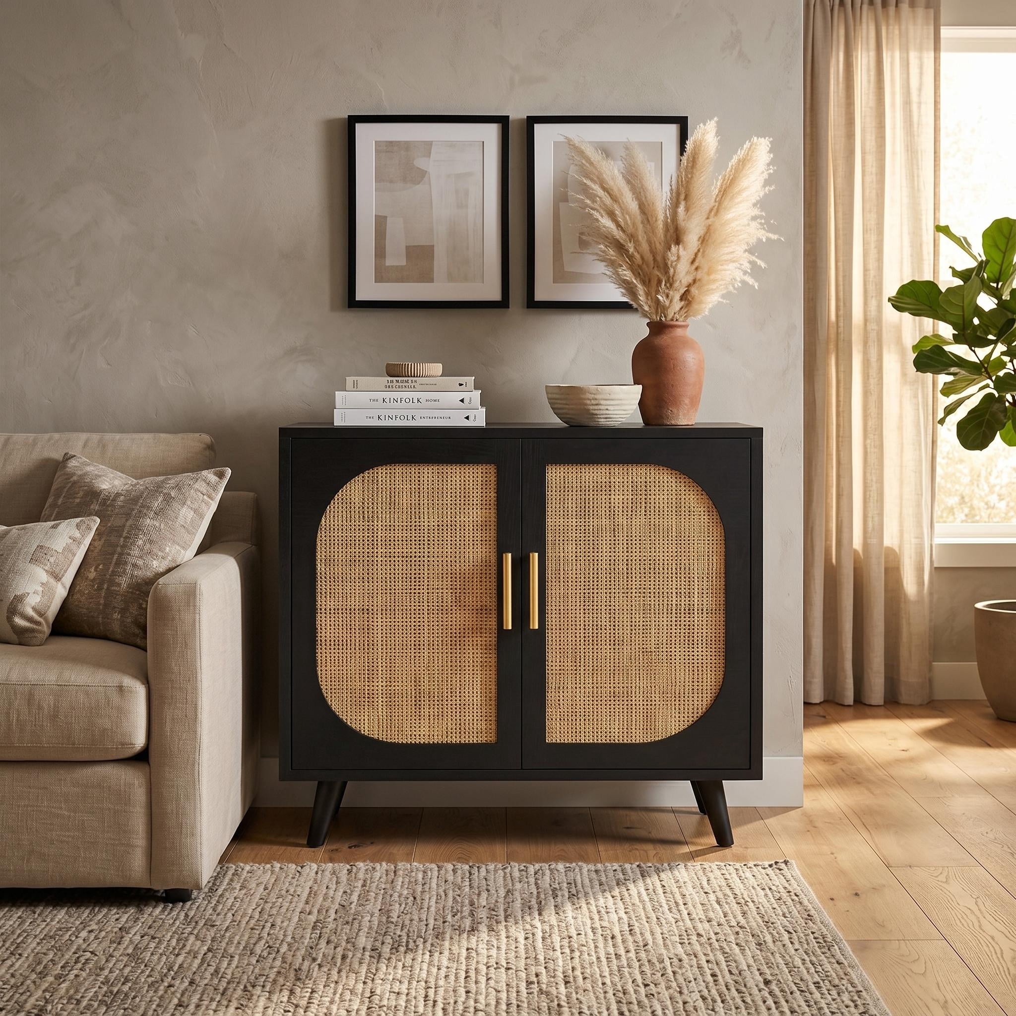 Homy Casa Accent Cabinet, 2-Door Rattan Storage Cabinet with Shelves, Black