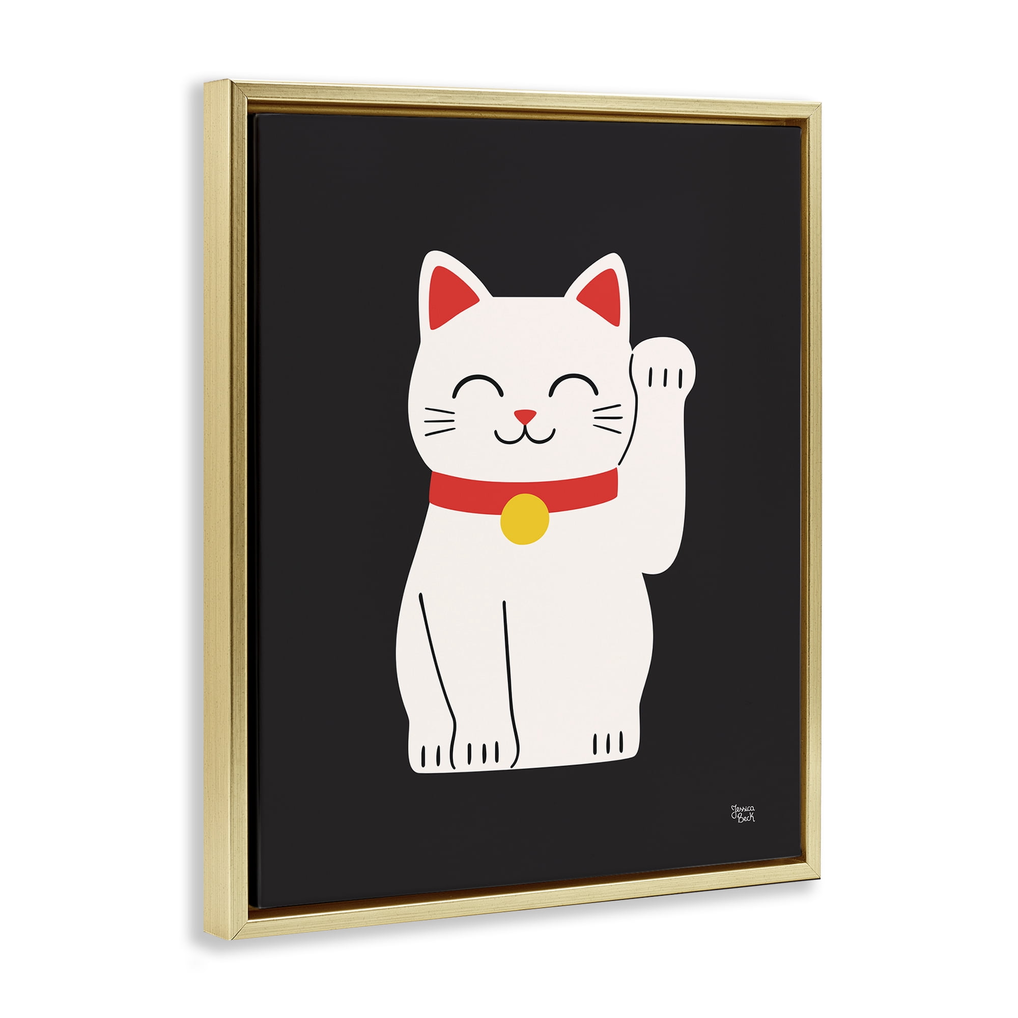 Stupell Industries Maneki Neko Lucky Cat Animals Painting Gold Floater Framed Canvas Art Print Wall Art, 25 x 31
