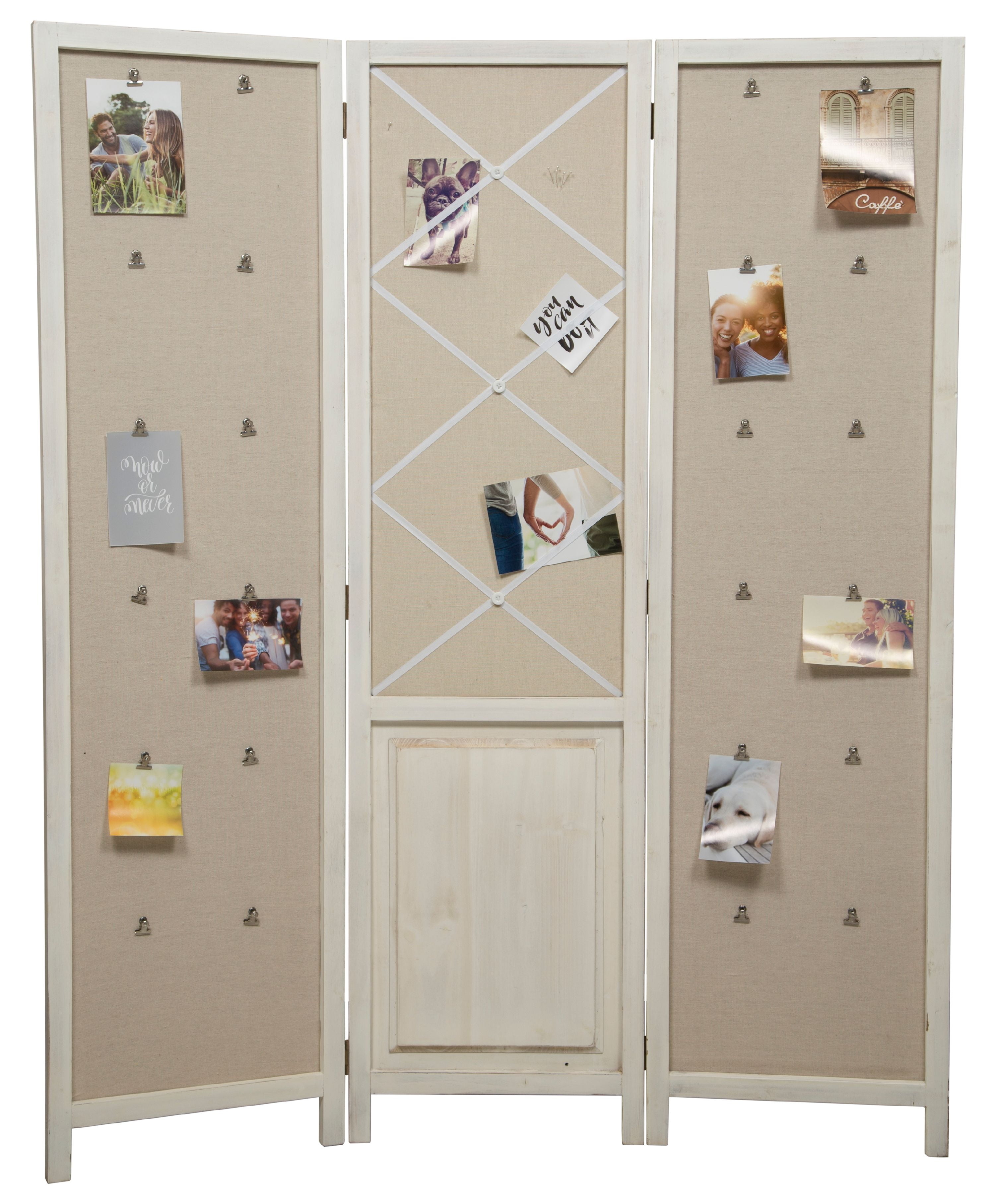Gallery Solutions White 3 Panel Room Divider with Photo Clips, Wood