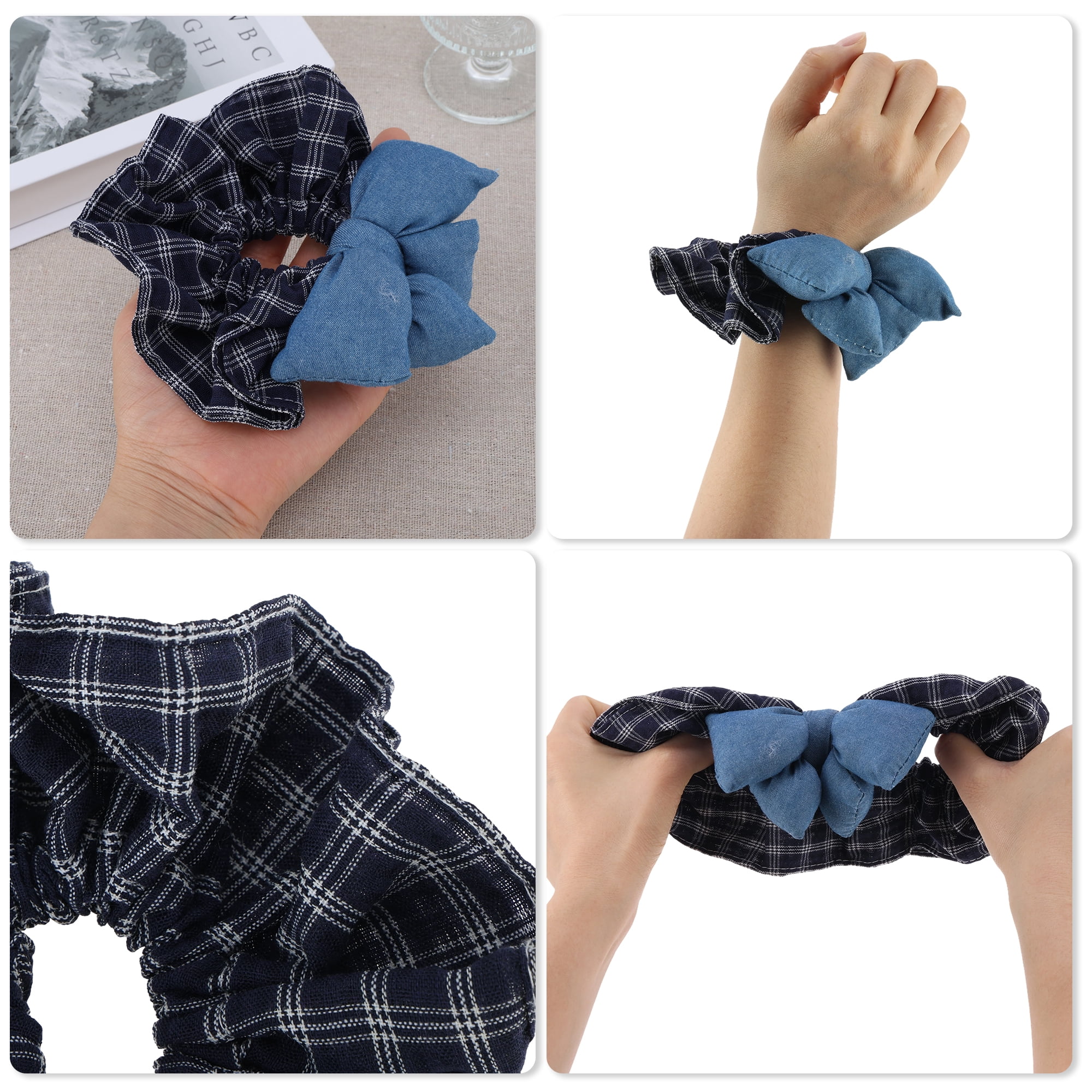 Unique Bargains Bow Denim Hair Ties Fashionable Daily Use Blue Dark Plaid
