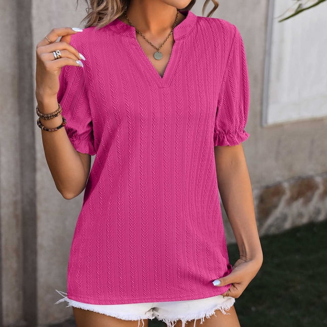 Fiudx Liquidación de Ahorros de Verano Top de Camiseta Informal de Manga Corta con Encaje y Cuello En V a La Moda para Mujer