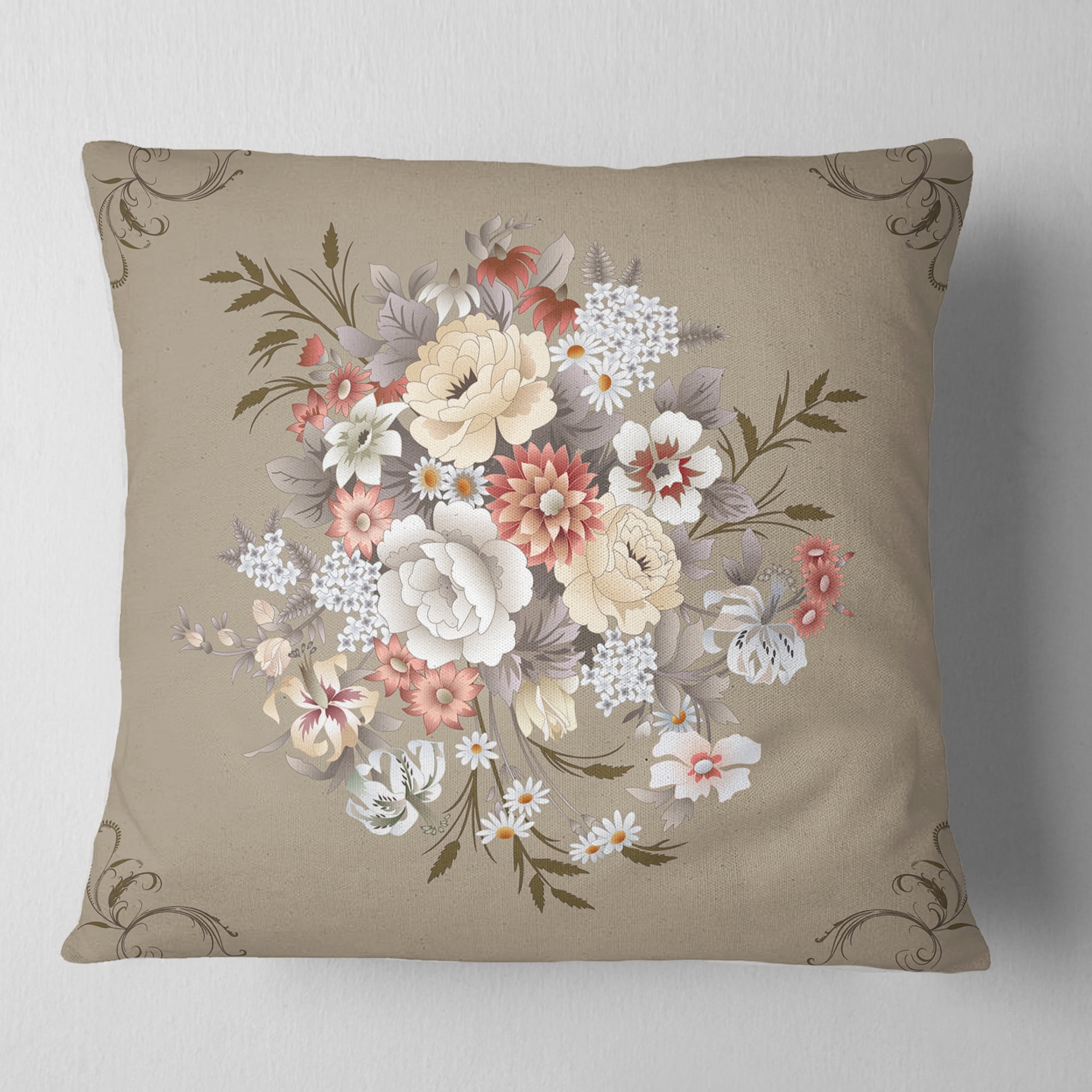 Designart White and Yellow Floral Pattern - Floral Throw Pillow - 16x16