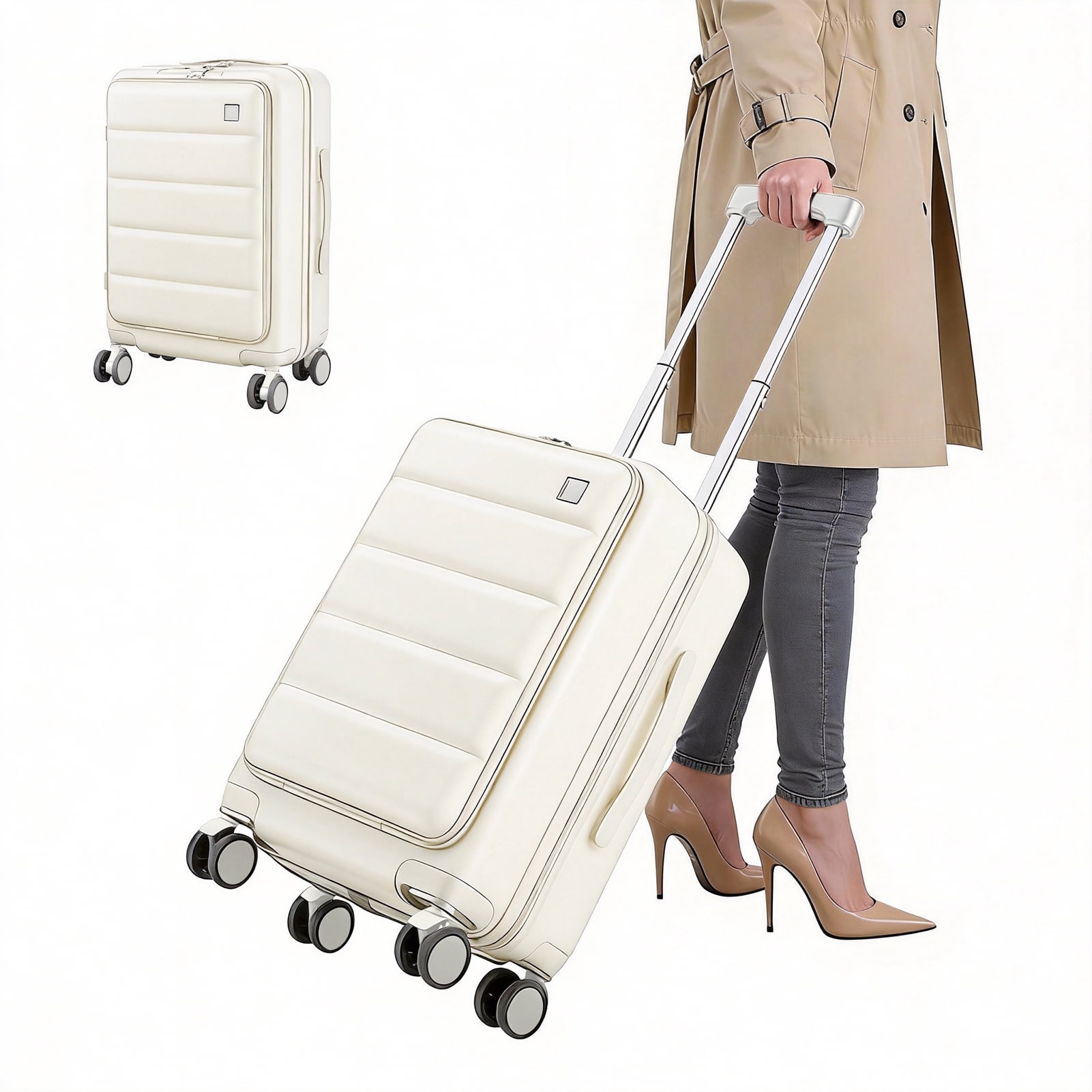20 Inch Carry-On Luggage with Front Laptop Pocket, USB Charger Port & Cup Holder, 360 Degrees Spinner Wheels, Side Hook, Phone Stand , TSA Lock, Airline Approved Hard Shell Suitcase