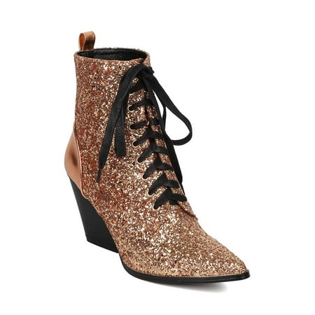 Women Block Heel Bootie - Glitter Encrusted Bootie - Pointy Toe Lace Up Boot - HK62 by Women Block Heel Bootie - Glitter Encrusted Bootie - Pointy Toe Lace Up Boot - HK62 by