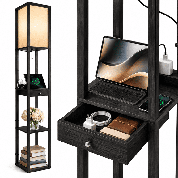 OUTON Floor Lamp with Shelves & Drawer, LED Standing Lamps with 3 Color Temperature, USB Ports and Power Outlet for Living Room, Office, Black