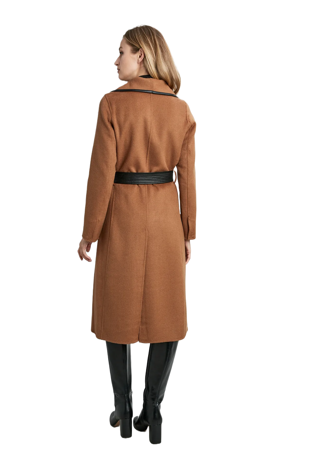 Tahari Women's Juliette Double Face Wool Belted Coat with Faux Leather Trim, Caramel, XL