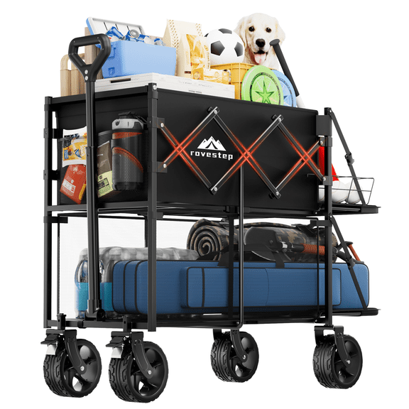 Double Decker Wagon 320L Large Capacity 400LBS Collapsible Sports Utility Cart with Big Wheels,Double Extended Tailgate Heavy Duty Folding Wagon Cart for Groceries,Camping,Beach,Garden,Outdoor