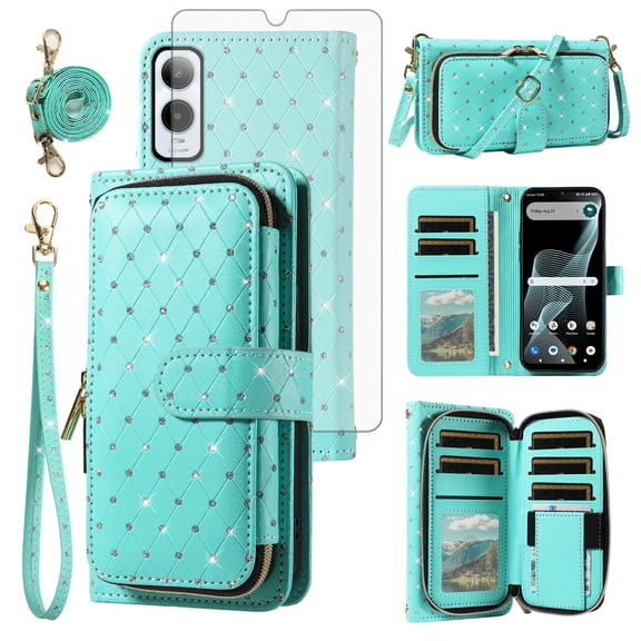 Compatible with Cricket Icon 6 SL219C/AT&T Verge SL219A Wallet Phone Case Tempered Glass Screen Protector Bling Crossbody Lanyard Strap Flip Zipper Purse Card Holder Cell Cover for Women Men Green