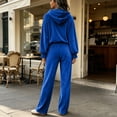 thumbnail image 4 of Szluipve 2 Piece Sets for Women Velour Tracksuit 2 Piece Outfits Hooded Henley Button Long Sleeve Top & Wide Leg Pants Casual Soft Loungewear Set with Pockets Blue L, 4 of 9