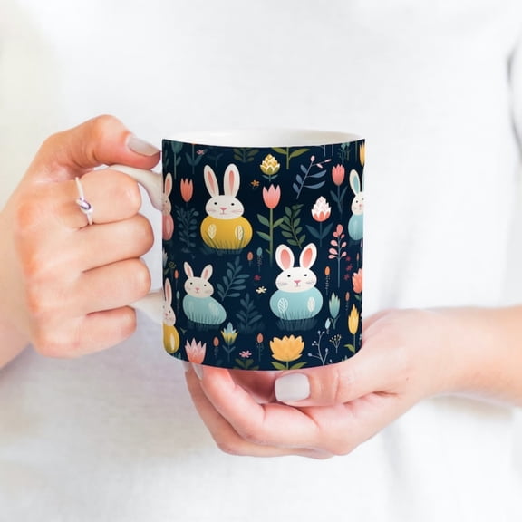 Rabbieramic Coffee Mug Easter Floral Design, Rabbit Lover Gift.