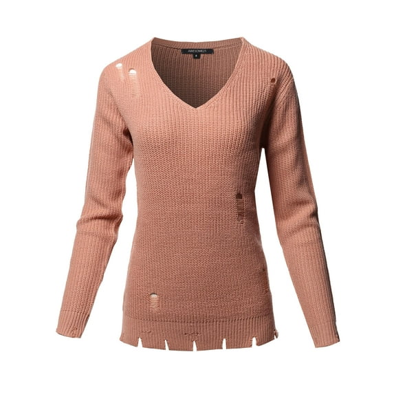FashionOutfit Women's Casual Solid Distressed Detail V-Neck Over-Sized Knit Sweater