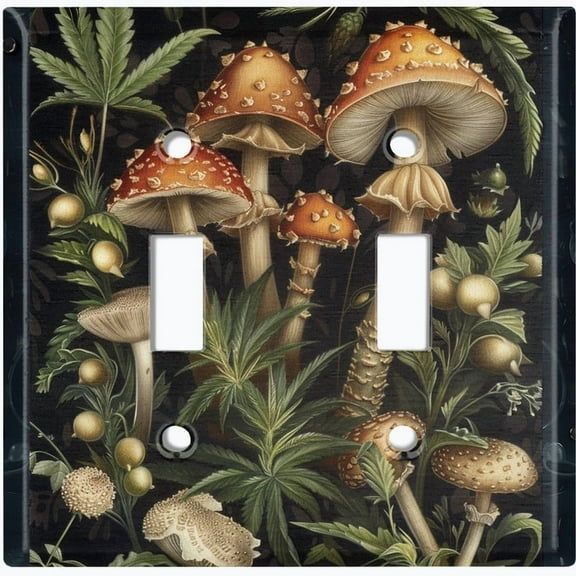 Metal Light Switch Wall Plate Outlet Cover (Vintage Mushrooms with Botanical Plants - Double Toggle)