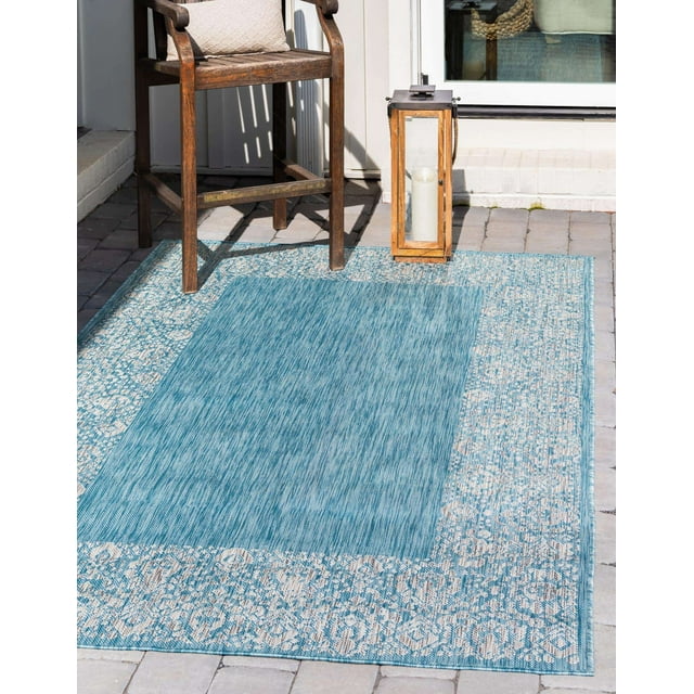 Unique Loom Outdoor Collection Transitional Indoor & Outdoor Traditional Floral Border Area Rug, 5 x 8 Feet, Aqua Blue/Gray