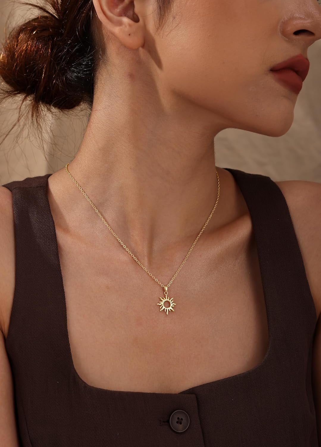 JL Layered Necklaces for Women Trendy, Dainty 14k Gold Plated Pendant Necklace Layering Necklace for Women Non Tarnish Hypoallergenic Sun Gold Necklace Stack Gold Jewelry for Women Gifts