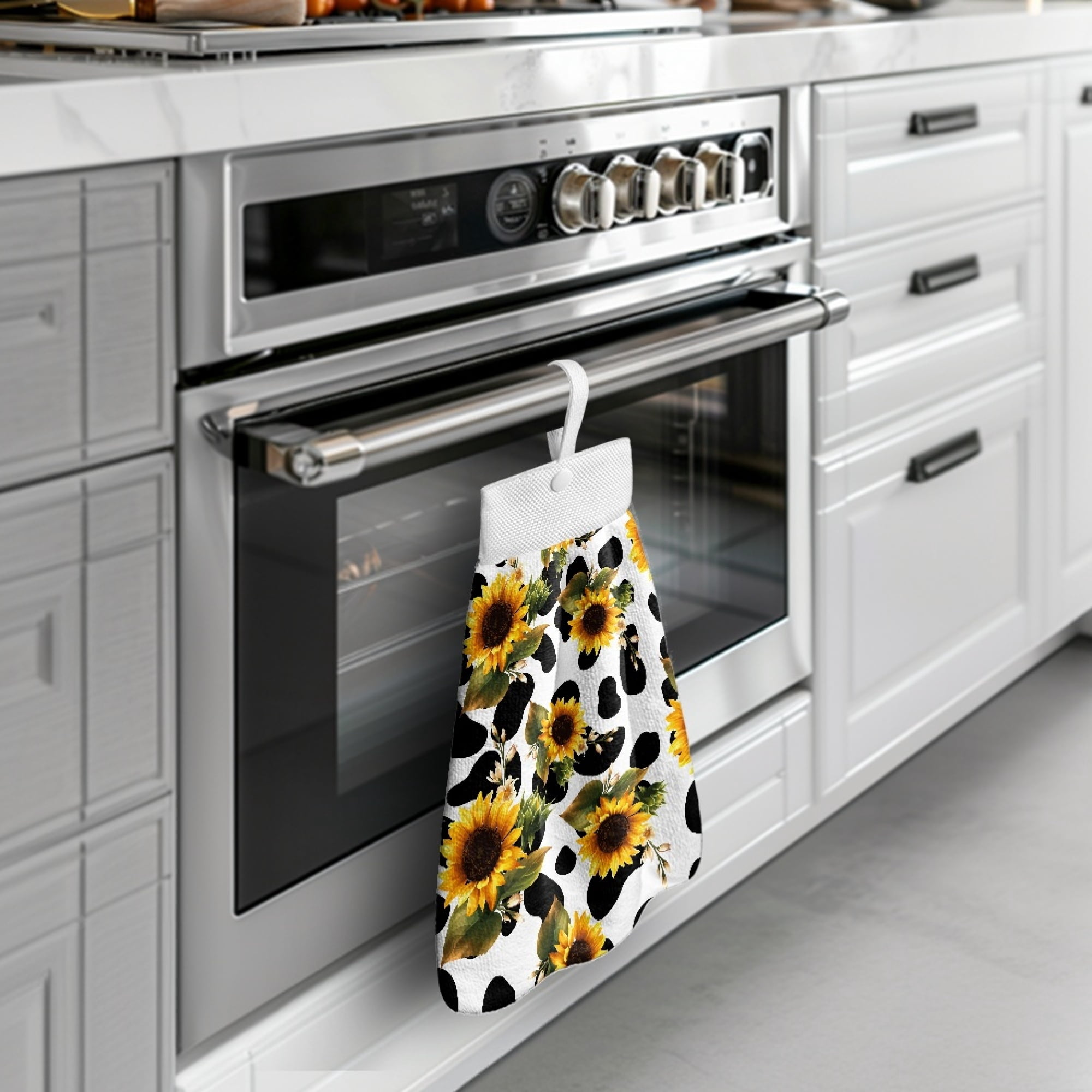 SEANATIVE Sunflower Hand Towels for Bathroom Cow Print Hanging Hand Towels for Kitchen 3 Pcs Portable Hand Tie Towel Decorative Fast Drying Fingertip Towel with Hanging Loops Buttons