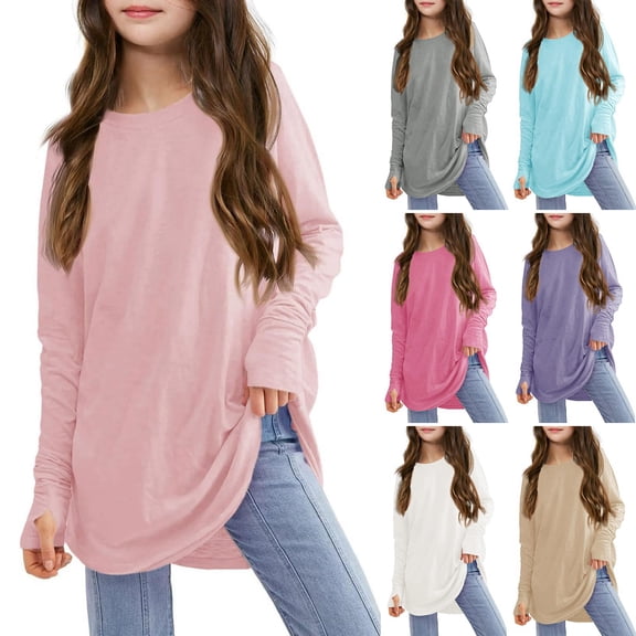 Tunic Top for Girls Fashion Long Sleeve Shirt with Thumb Hole Loose Tshirt Crew Neck Fall Blouse Teen Girl Clothes Light Blue 150