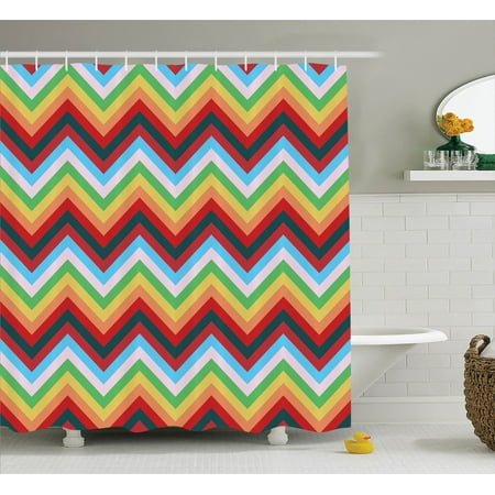 Simple Bathroom Decor Chevron Decor Shower Curtain Set, Vibrant Colorful Zig Zag With Sharp Pointy Ends Simple Trend Polygon , Bathroom Accessories, 69W X 70L Inches, By Ambesonne ()