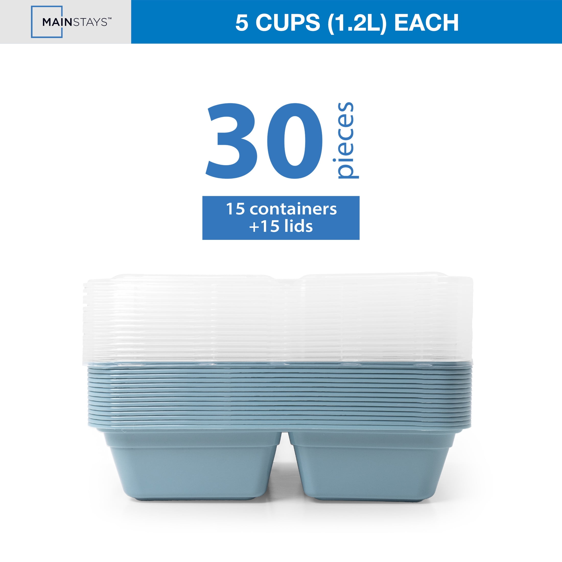 Mainstays 15-Pack 3-Compartment BPA-Free Plastic Meal Prep Food Storage Containers, 0.9L, Blue Cameo