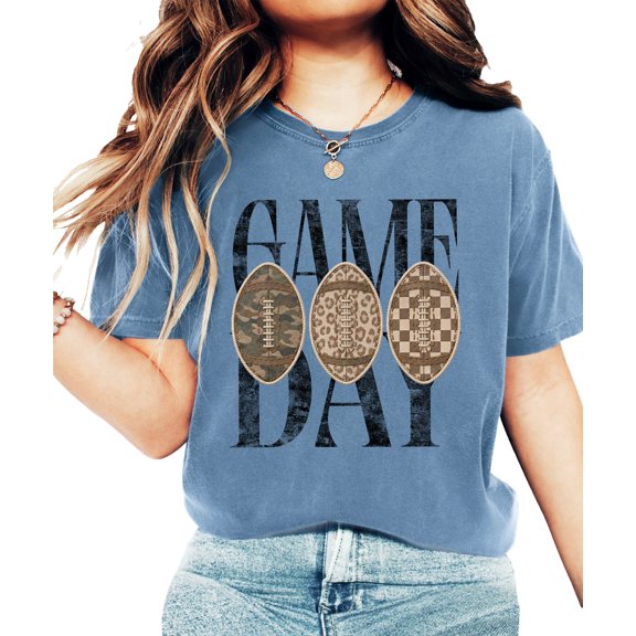 Game Day Football Shirt for Women Camo Leopard Graphic Tee, Blue Jean Shirt, M