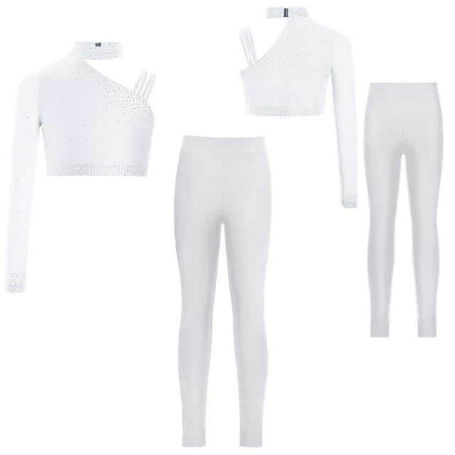 TiaoBug Activewear Set for Girls Figure Ice Skating Costume 2 Piece Dance Outfits Rhinestone Ballet Dancewear White 8