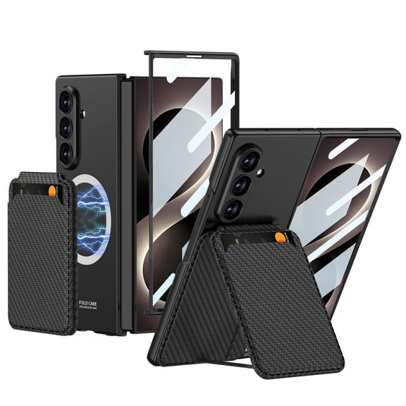 Case for Samsung Galaxy Z Fold8 Ultra, Hard PC PU Leather Detachable Magnetic Back Card Holder Kickstand Front Screen Protector Slim Shockproof Protective Phone Cover, Carbon Fiber
