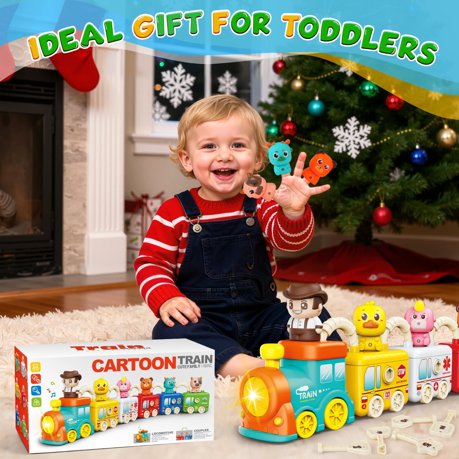 Carsky Montessori Train Toy with Lights & Music, 5-in-1 Vehicle Set w/ Keys, Numbers & Shapes Matching, Finger Puppet Animals&Stackable Cars, Educational Toy Christmas Train Gift for Toddlers 2-5