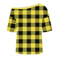 thumbnail image 6 of sckarle Women's Off Shoulder Top Short Sleeve Plaid Tee Shirt Cute Print Going Out Blouse Summer Beach Holiday Tshirt Yellow,L, 6 of 7