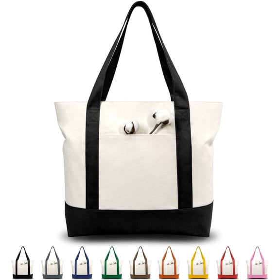 Bag with an External Pocket, Reusable Grocery Shopping Bag, Top Zipper Closure, Daily Essentials (Black/Natural Pack of 1)
