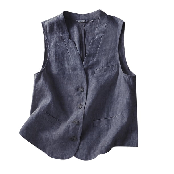 Chaquetas y abrigos casuales sin mangas y sin capucha para mujer, cárdigan de algodón y lino con cuello en V, sin mangas y con capucha, chaqueta informal con botones sueltos, abrigo para mujer