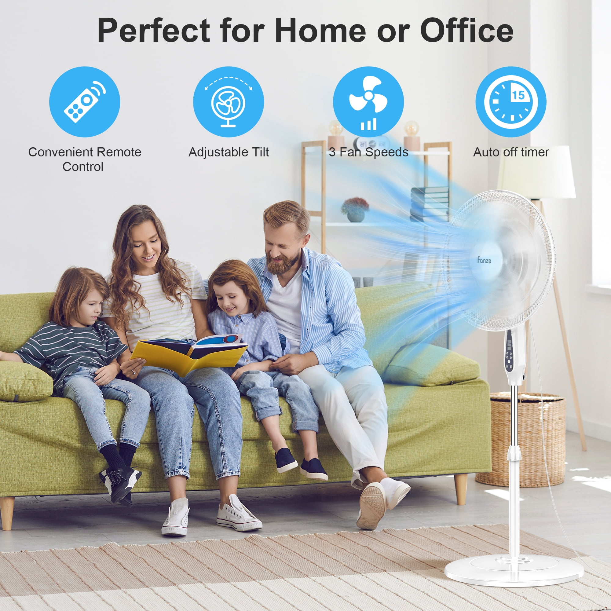 16" Pedestal Fan with Remote, 3-Speed Oscillating Fan, Adjustable Height and Tilt, 40"- 46" Electric Cooling Portable Fan for Home Office Bedroom Use