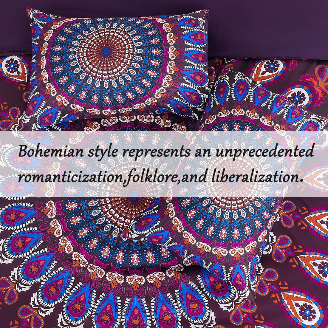 PiccoCasa 5pcs Polyester Duvet Cover Set Bohemian Bedding Set, Purple Queen
