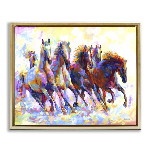 Stupell Industries Contemporary Vivid Wild Horses Running Gold Floating Frame Canvas Art, 31 x 25, by Leon Devenice