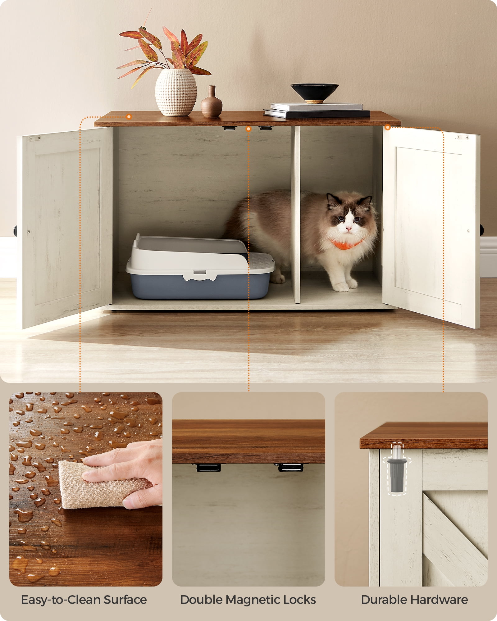 Hidden Cat Litter Box Enclosure Furniture Large Multi-Functional Cat Litter Box Washroom with Removable Divider Rustic White