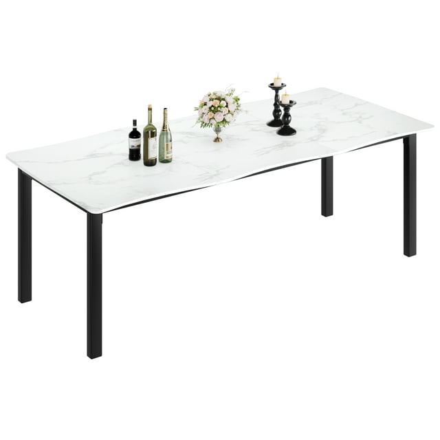 Modern Minimalist Rectangular Dining Table, 79 Inch Wave Edge Waterproof MDF, Scratch Resistant, Metal Legs, Seats 6 to 8, Easy Assembly, for Kitchen Dining or Study, Black Retro Marble