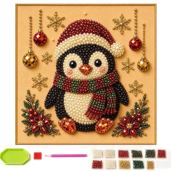 DIY Christmas Pearl Diamond Painting Art Kit with Frame, Pearl Bead Creation Bundle For Free Time, Xmas Tabletop Wall Accent, Unique Handmade Holiday Surprise
