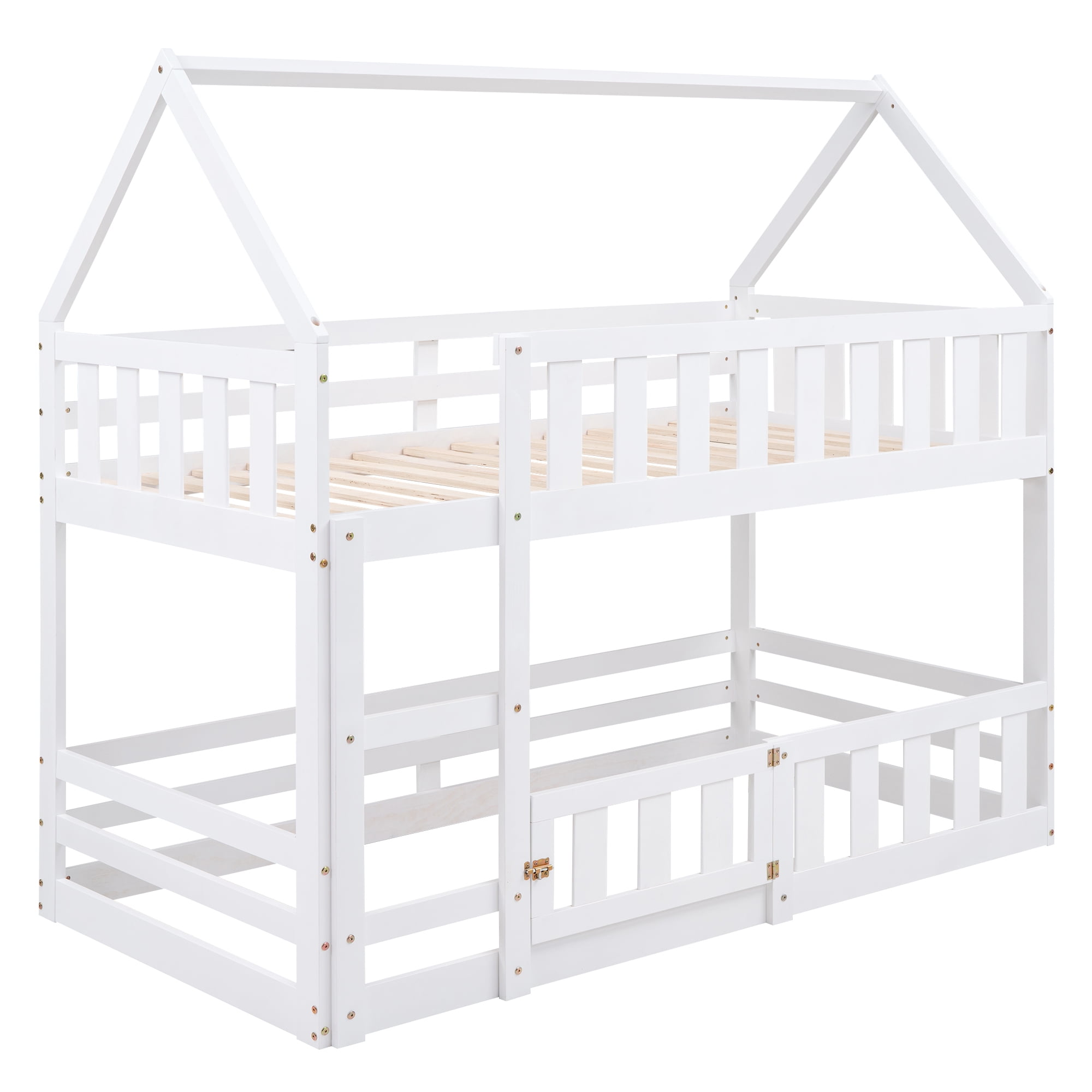 Euroco Wood Twin over Twin Bunk Bed, House Floor Bed with Fence and Door for Kids Teens, Gray